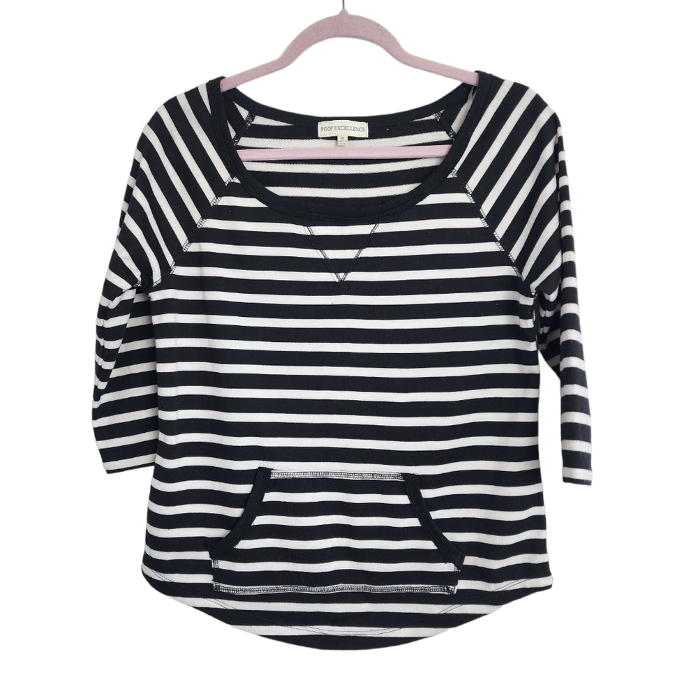 Poof Excellence Black & White Striped Quarter Sleeve Pocket Women's Top Size M
